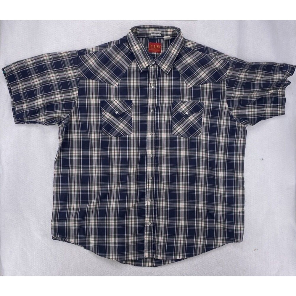 Plains Western Wear Mens 2XL Pearl Snap Shirt Short Sleeve Plaid Navy Big Man